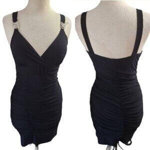 Laboo Medium Black Ruched Bodycon Stretch Mini Dress